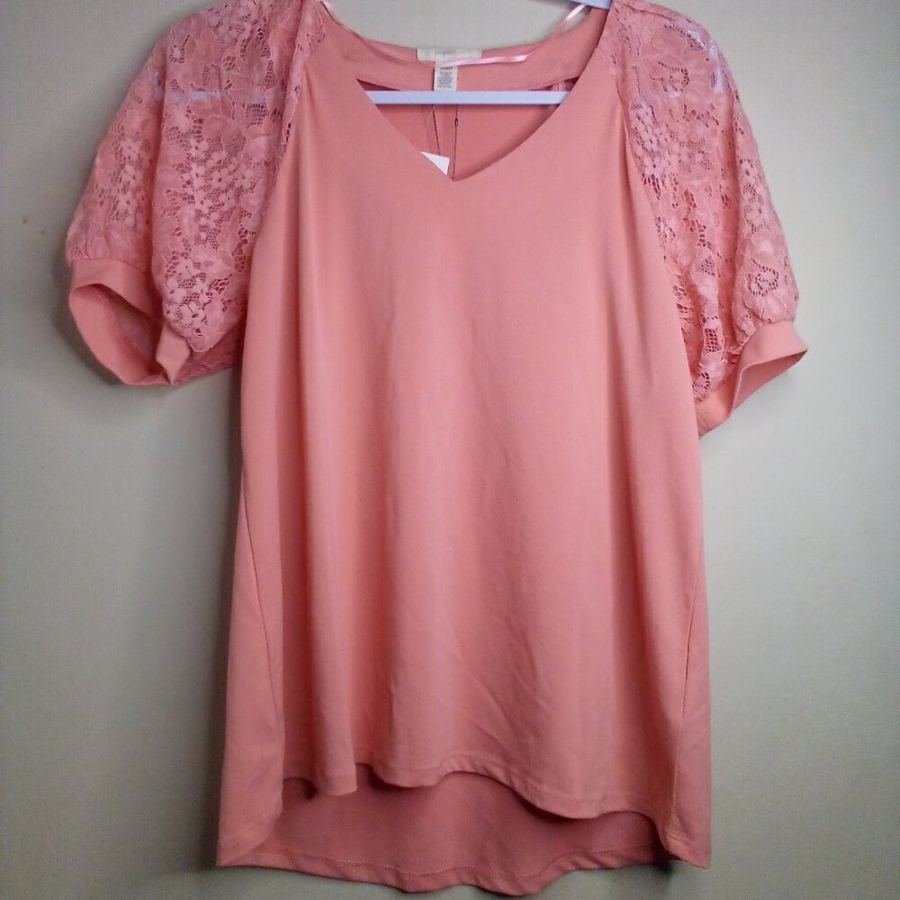 Cupio Blouse Women S Short Lace Sleeve V-Neck Feminine Pink
